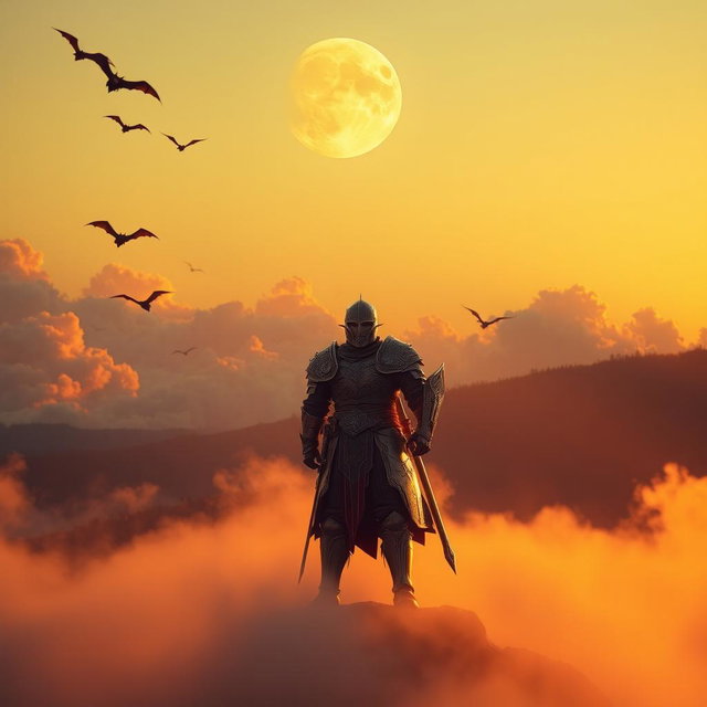 A striking sunset scene featuring a large yellow moon ascending in the sky, illuminating the landscape with a soft golden hue