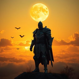 A striking sunset scene featuring a large yellow moon ascending in the sky, illuminating the landscape with a soft golden hue