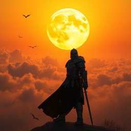 A striking sunset scene featuring a large yellow moon ascending in the sky, illuminating the landscape with a soft golden hue