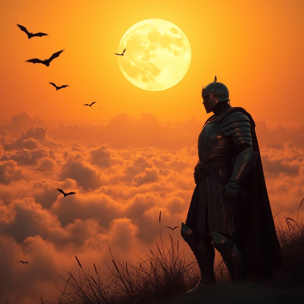 A striking sunset scene featuring a large yellow moon ascending in the sky, illuminating the landscape with a soft golden hue
