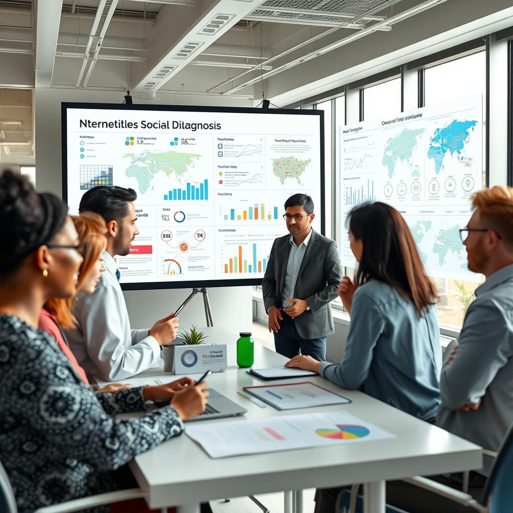 A comprehensive visual representation of social diagnosis, showcasing diverse figures engaging in discussions and analyzing social data