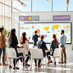 A comprehensive visual representation of social diagnosis, showcasing diverse figures engaging in discussions and analyzing social data