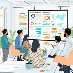 A comprehensive visual representation of social diagnosis, showcasing diverse figures engaging in discussions and analyzing social data