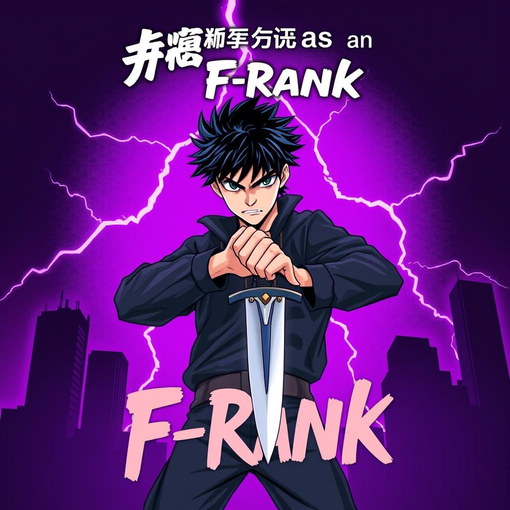 A bold image of a black-haired boy standing menacingly, gripping a sharp dagger in his hand with a fierce expression