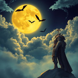 An enchanting night scene featuring a large yellow moon illuminating the sky, surrounded by fluffy clouds that create a mystical atmosphere