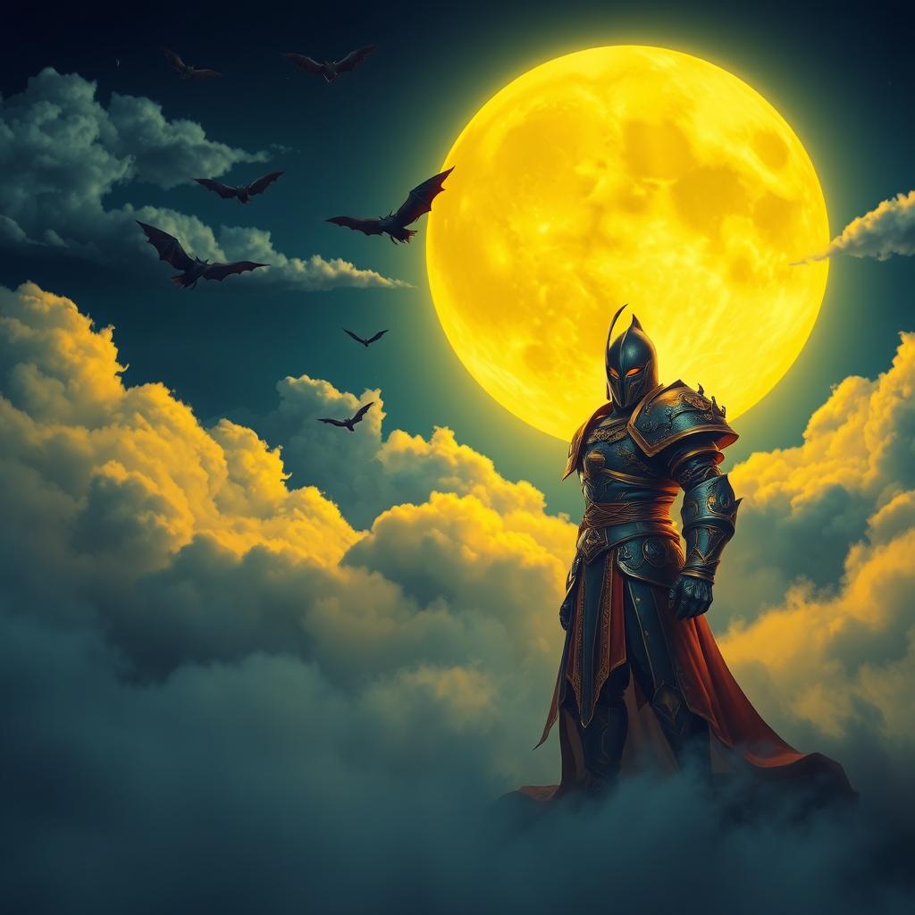 An enchanting night scene featuring a large yellow moon illuminating the sky, surrounded by fluffy clouds that create a mystical atmosphere