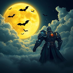 An enchanting night scene featuring a large yellow moon illuminating the sky, surrounded by fluffy clouds that create a mystical atmosphere