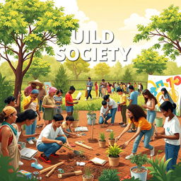 An inspiring and vibrant depiction of building society, featuring diverse groups of people actively engaged in community projects