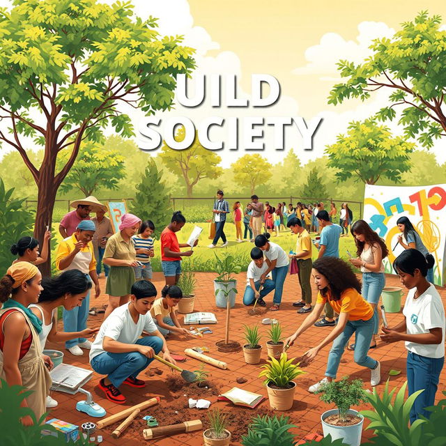 An inspiring and vibrant depiction of building society, featuring diverse groups of people actively engaged in community projects