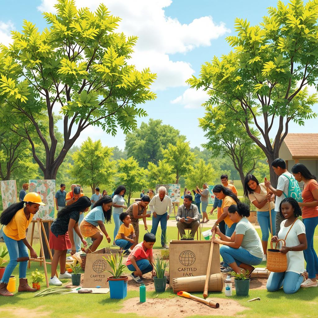 An inspiring and vibrant depiction of building society, featuring diverse groups of people actively engaged in community projects