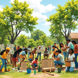 An inspiring and vibrant depiction of building society, featuring diverse groups of people actively engaged in community projects