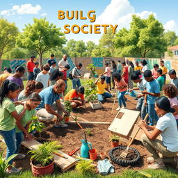 An inspiring and vibrant depiction of building society, featuring diverse groups of people actively engaged in community projects