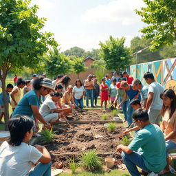 An inspiring and vibrant depiction of building society, featuring diverse groups of people actively engaged in community projects