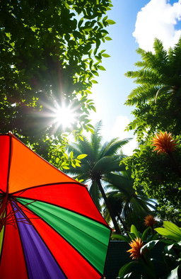 An open umbrella in the foreground, vibrant colors showcasing its fabric against the backdrop of a bright sunny day in a dense jungle