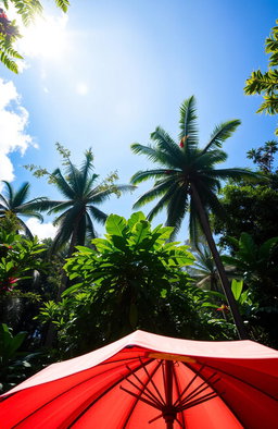 An open umbrella in the foreground, vibrant colors showcasing its fabric against the backdrop of a bright sunny day in a dense jungle