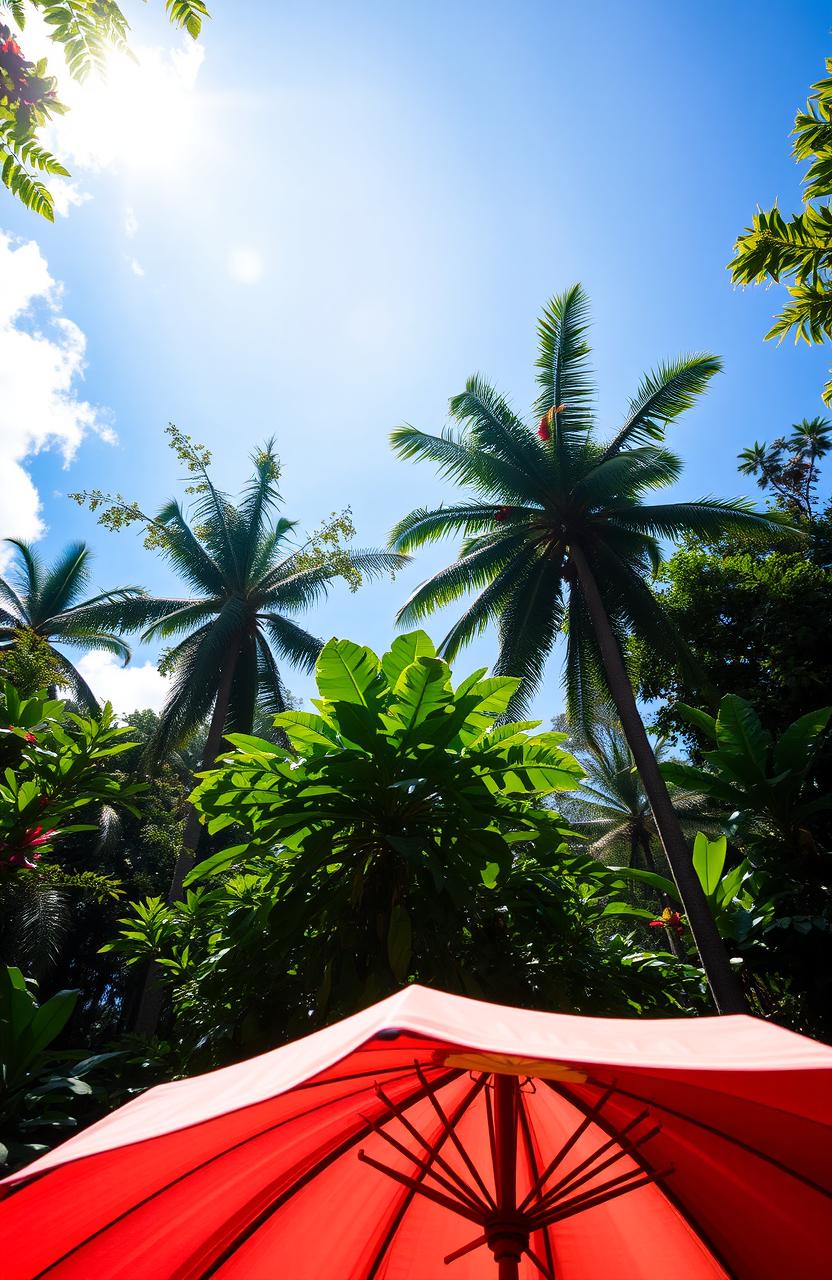 An open umbrella in the foreground, vibrant colors showcasing its fabric against the backdrop of a bright sunny day in a dense jungle