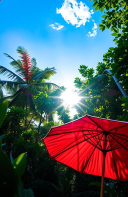 An open umbrella in the foreground, vibrant colors showcasing its fabric against the backdrop of a bright sunny day in a dense jungle
