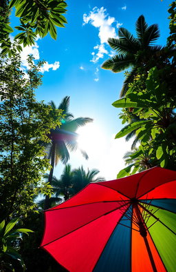 An open umbrella in the foreground, vibrant colors showcasing its fabric against the backdrop of a bright sunny day in a dense jungle