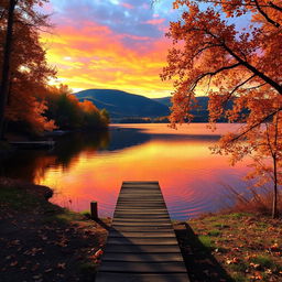 A serene and picturesque landscape featuring a tranquil lake surrounded by vibrant autumn foliage, with golden leaves reflecting on the water's surface