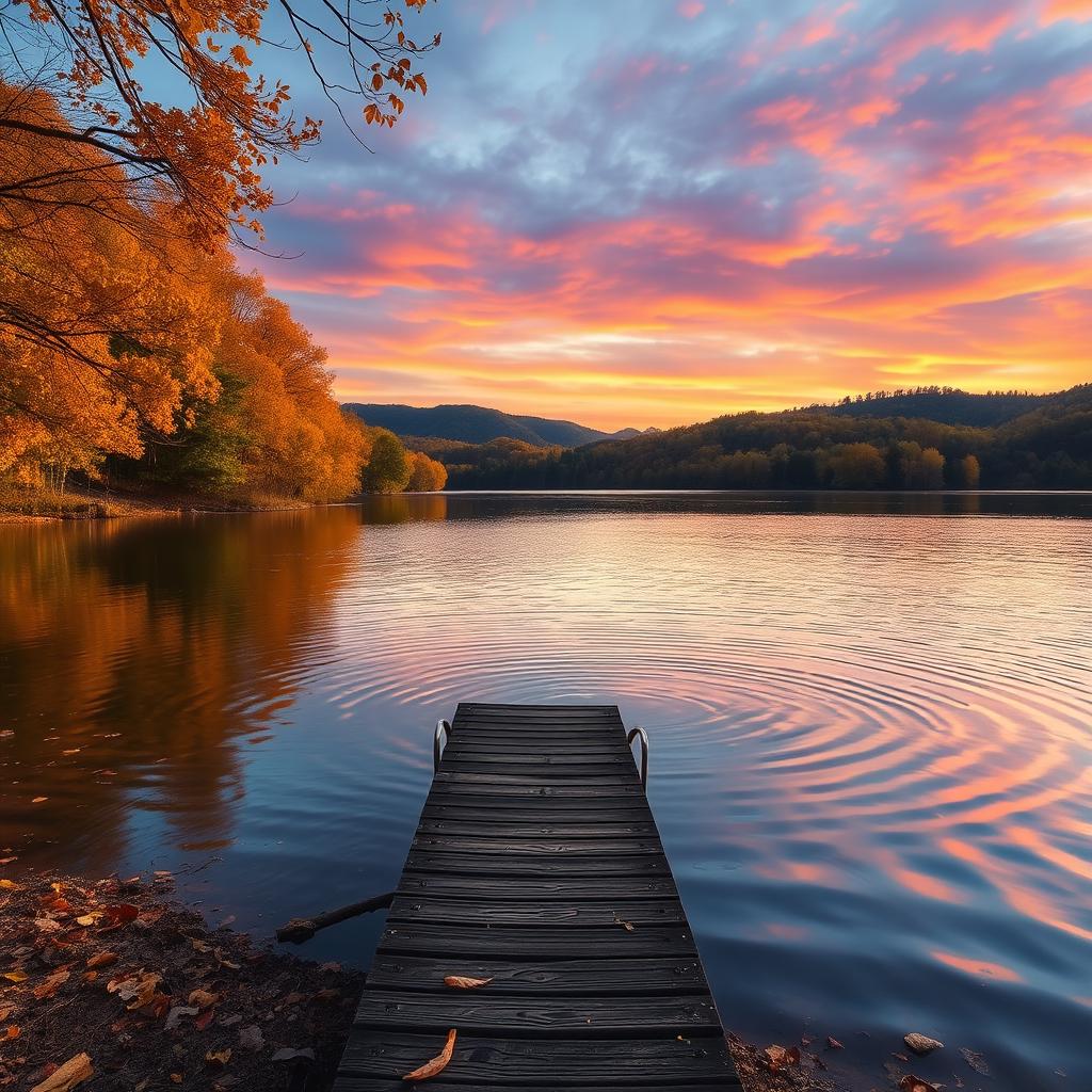A serene and picturesque landscape featuring a tranquil lake surrounded by vibrant autumn foliage, with golden leaves reflecting on the water's surface