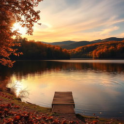 A serene and picturesque landscape featuring a tranquil lake surrounded by vibrant autumn foliage, with golden leaves reflecting on the water's surface