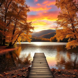 A serene and picturesque landscape featuring a tranquil lake surrounded by vibrant autumn foliage, with golden leaves reflecting on the water's surface