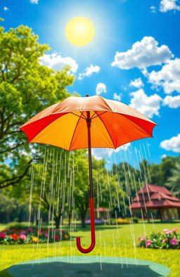 A vibrant scene depicting an open umbrella under a bright sun while rain falls from a few scattered clouds