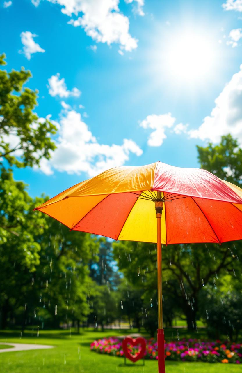A vibrant scene depicting an open umbrella under a bright sun while rain falls from a few scattered clouds