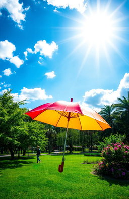 A vibrant scene depicting an open umbrella under a bright sun while rain falls from a few scattered clouds