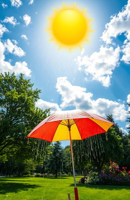 A vibrant scene depicting an open umbrella under a bright sun while rain falls from a few scattered clouds