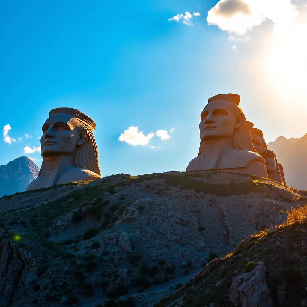 A majestic view of Mount Nimrod (also known as Nemrut) in Turkey, showcasing the ancient stone sculptures of heads that belong to the gods of Commagene
