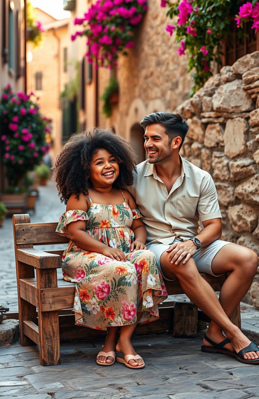 A romantic scene set in a picturesque Italian village, featuring a chubby girl with curly hair and a warm smile, sitting on a rustic wooden bench