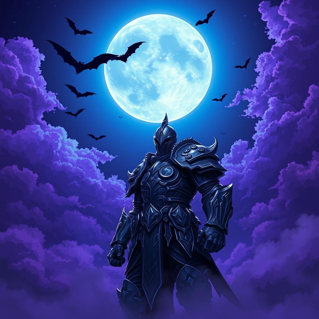 An enchanting night scene featuring a luminous blue moon glowing in the dark sky, surrounded by dramatic purple weather, which creates a fantastical atmosphere