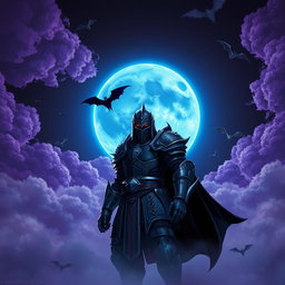 An enchanting night scene featuring a luminous blue moon glowing in the dark sky, surrounded by dramatic purple weather, which creates a fantastical atmosphere