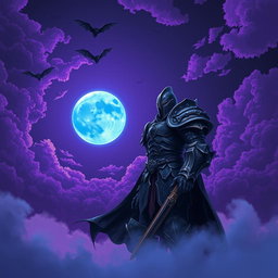 An enchanting night scene featuring a luminous blue moon glowing in the dark sky, surrounded by dramatic purple weather, which creates a fantastical atmosphere