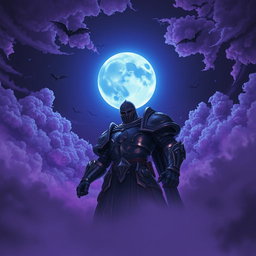 An enchanting night scene featuring a luminous blue moon glowing in the dark sky, surrounded by dramatic purple weather, which creates a fantastical atmosphere