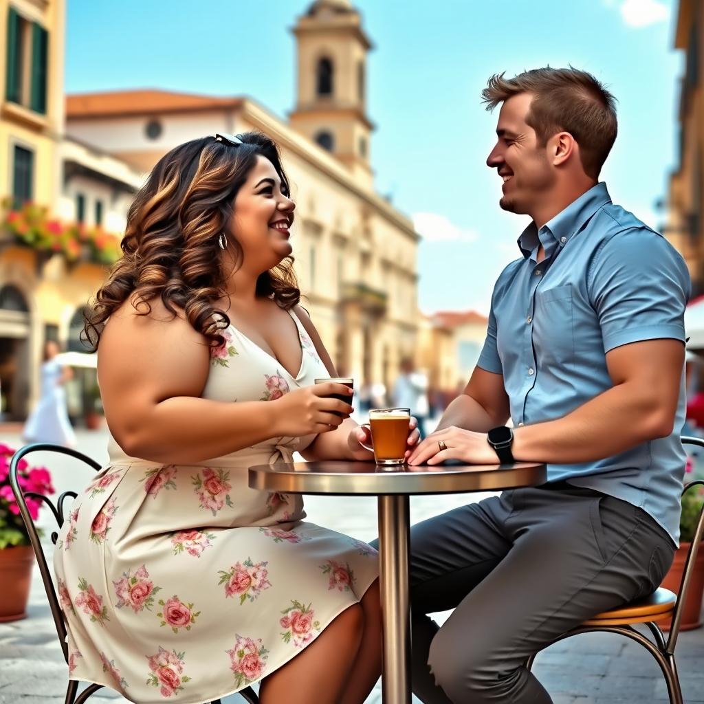 A romantic scene set in a charming Italian piazza, featuring a chubby woman with long, wavy hair and a joyful smile, dressed in a stylish sundress with pastel floral designs