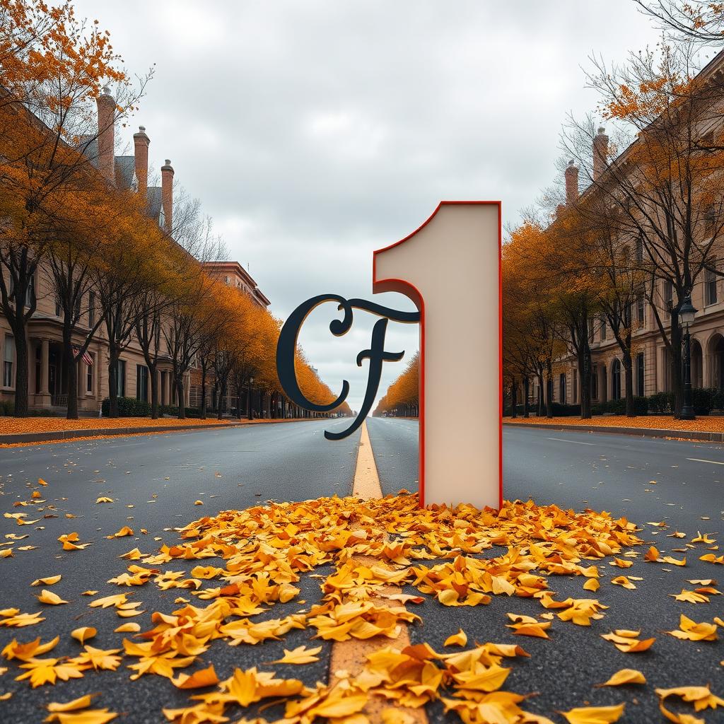A large, prominently displayed number 1 in the middle of a street, surrounded by fallen yellow pine needles and leaves, capturing the essence of autumn