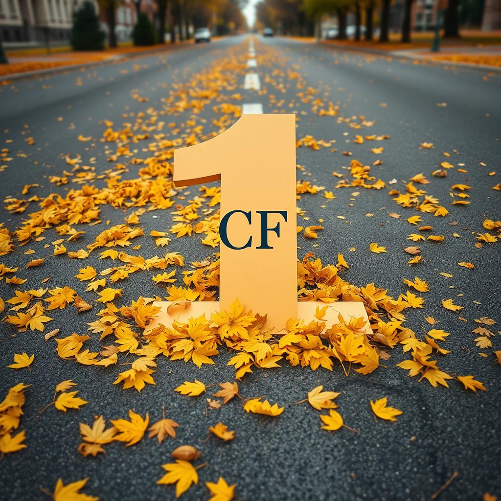 A large, bold number 1 placed centrally on an empty street, surrounded by a scattering of vibrant yellow pine needles and leaves, creating an autumnal scene