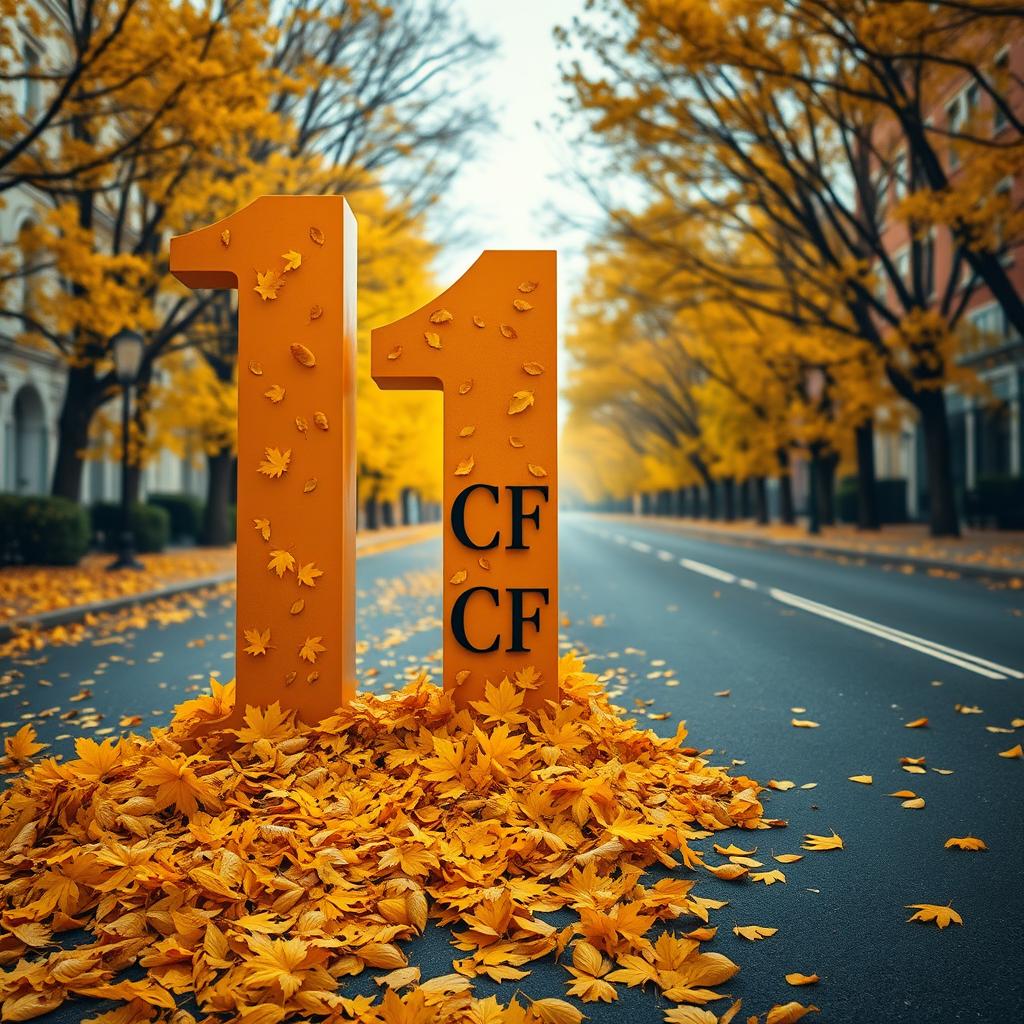A striking image of a large number 1 positioned in the center of a quiet street, surrounded by a blanket of vibrant yellow pine needles and leaves, embodying the beauty of autumn