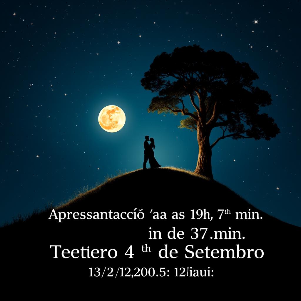 A captivating image of a couple kissing at the top of a hill under a starry night sky