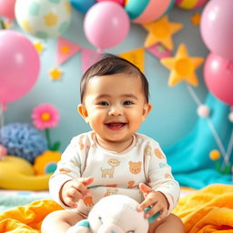 A joyful 6-month-old baby in a colorful and cheerful photo shoot setup