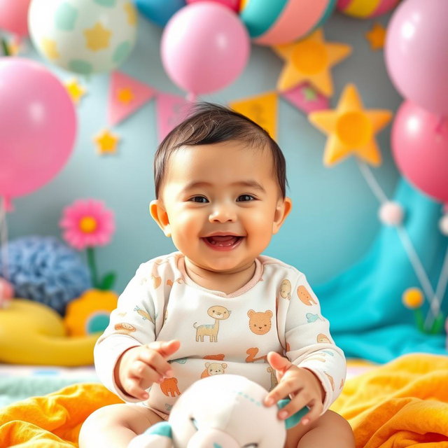 A joyful 6-month-old baby in a colorful and cheerful photo shoot setup