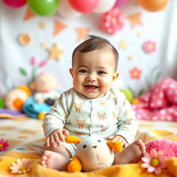 A joyful 6-month-old baby in a colorful and cheerful photo shoot setup