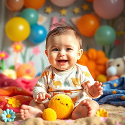 A joyful 6-month-old baby in a colorful and cheerful photo shoot setup