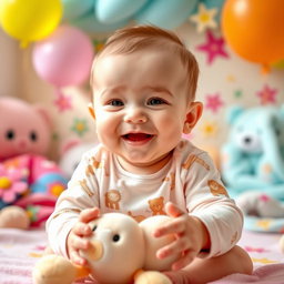 A joyful 6-month-old baby in a colorful and cheerful photo shoot setup