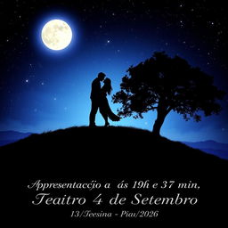An enchanting image of a couple kissing on top of a hill at night, surrounded by a serene atmosphere