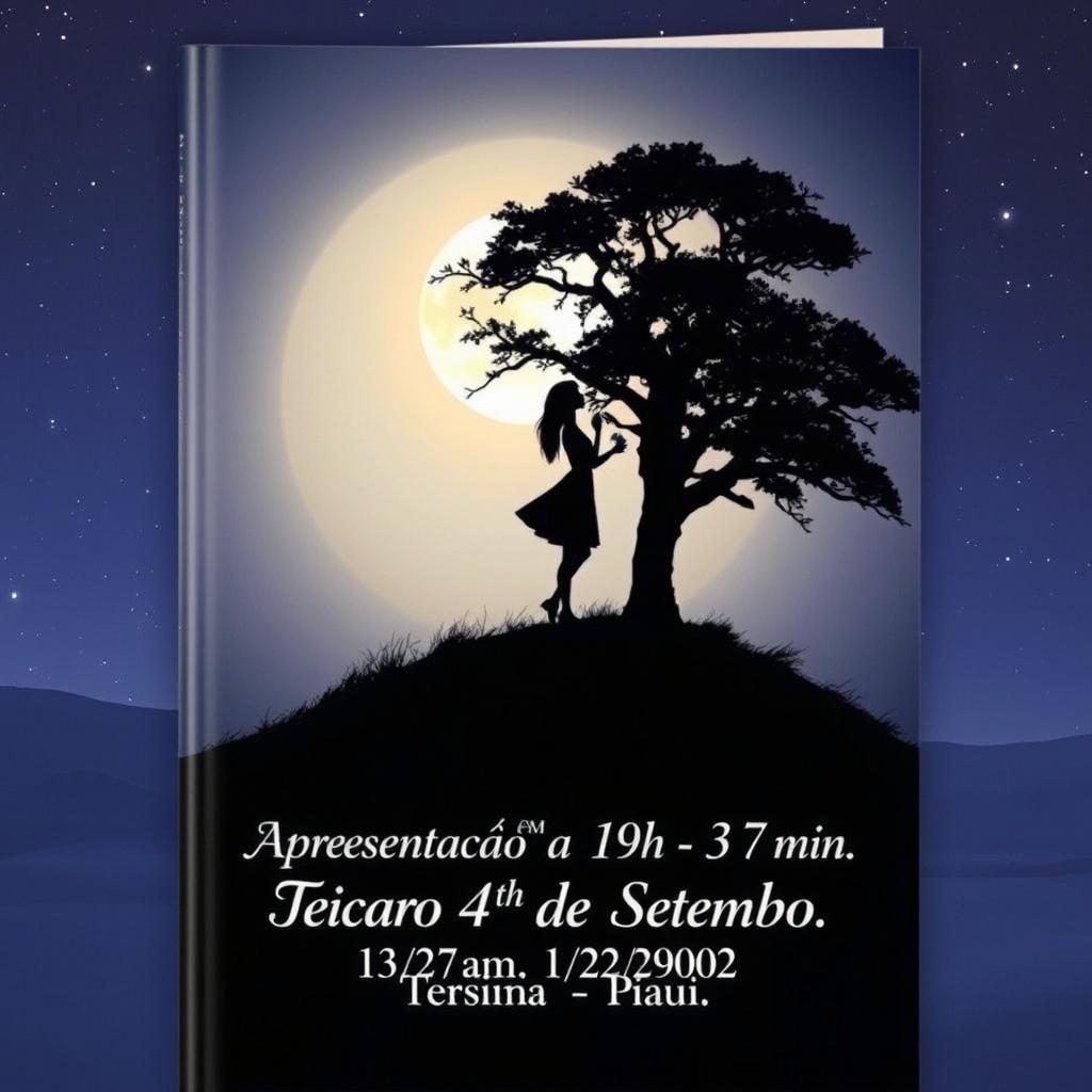 An enchanting image of a couple kissing on top of a hill at night, surrounded by a serene atmosphere