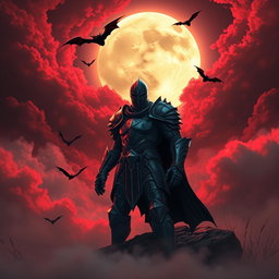 A captivating night scene featuring a glowing moon surrounded by ominous red weather, casting an eerie glow over the landscape