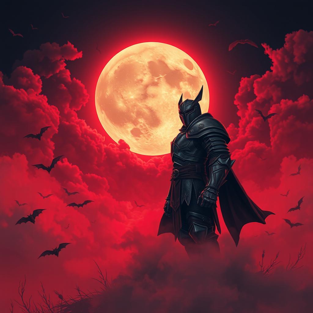 A captivating night scene featuring a glowing moon surrounded by ominous red weather, casting an eerie glow over the landscape